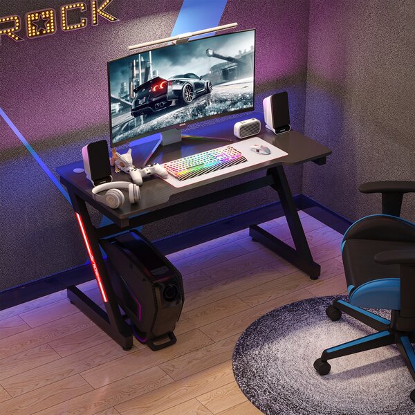 HOMCOM Scrivania Gaming Moderna per Camera o Ufficio con 2 Fori Passacavi, in Metallo e MDF, Nero, 120x60x73cm|Aosom
