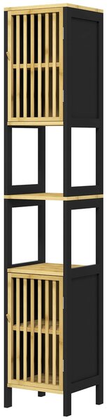 Mobiletto Bagno a Doghe con 2 Ripiani Aperti e 2 Armadietti 32x30x172 cm in MDF e Bambù Nero e Color Legno