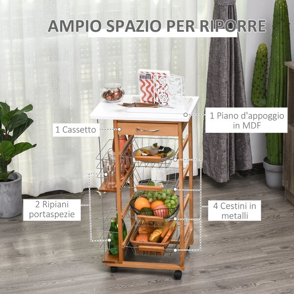 HOMCOM Carrello da Cucina Salvaspazio in Legno Marrone, Portavivande con 1 Piano di Lavoro 1 Cassetto e 4 Cestelli Metallici, 47x37x83cm|Aosom