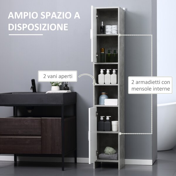 Kleankin Colonna Bagno Salvaspazio, 2 Armadietti, 2 Vani Aperti, Design Moderno in Legno Effetto Cemento, 30x30x180cm - Grigio|Aosom