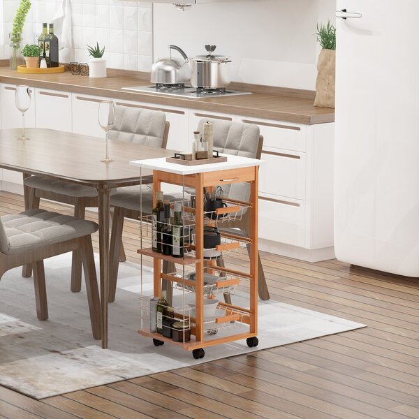 HOMCOM Carrello da Cucina Salvaspazio in Legno Marrone, Portavivande con 1 Piano di Lavoro 1 Cassetto e 4 Cestelli Metallici, 47x37x83cm|Aosom