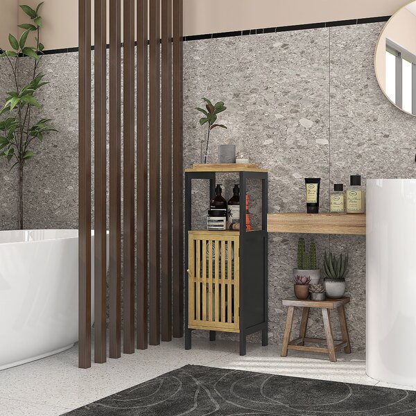 Mobiletto Bagno con Ripiano Aperto e Armadietto 32x30x90,5 cm in MDF e Bambù Nero e Color Legno