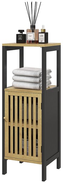 Mobiletto Bagno con Ripiano Aperto e Armadietto 32x30x90,5 cm in MDF e Bambù Nero e Color Legno