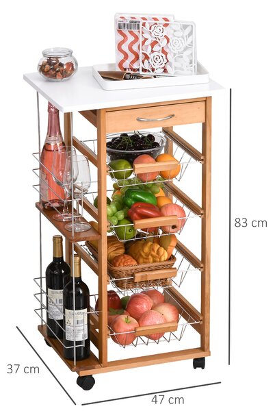 HOMCOM Carrello da Cucina Salvaspazio in Legno Marrone, Portavivande con 1 Piano di Lavoro 1 Cassetto e 4 Cestelli Metallici, 47x37x83cm|Aosom