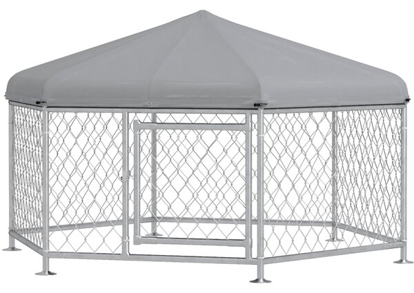 Recinto per Cani Taglia Grande 2,1x1,85x1,2m Tetto in Tessuto Oxford Anti UV Argento e Grigio