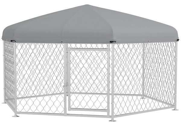 Recinto per Cani Taglia Grande 2,1x1,85x1,5m Tetto in Tessuto Oxford Anti UV Argento e Grigio