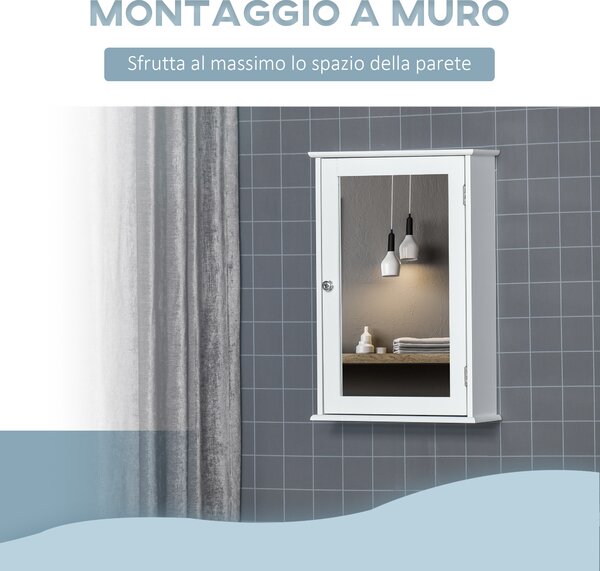 Kleankin Mobiletto Bagno con Specchiera Pensile da Parete con Chiusura Magnetica, in Legno 41x14x60cm, Bianco |Aosom Italy