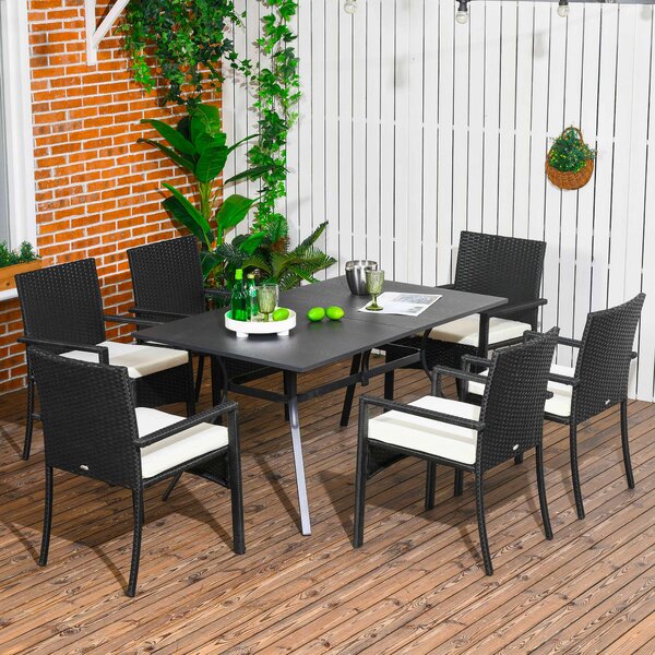 Set Tavolo e 6 Sedie da Giardino con Cuscini in Acciaio Rattan PE Nero e Beige