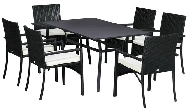 Set Tavolo e 6 Sedie da Giardino con Cuscini in Acciaio Rattan PE Nero e Beige