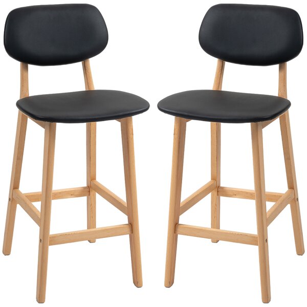 Set 2 Sgabelli da Bar con Schienale 42x47x92 cm Rivestimento Finta Pelle e Poggiapiedi Nero