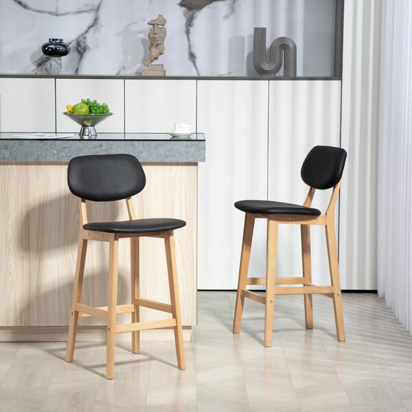 Set 2 Sgabelli da Bar con Schienale 42x47x92 cm Rivestimento Finta Pelle e Poggiapiedi Nero