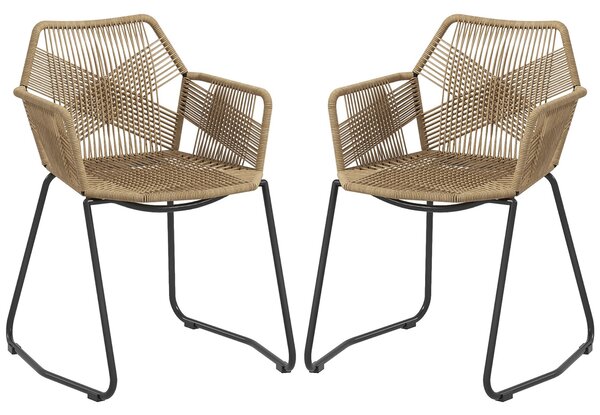 Set 2 Sedie da Pranzo Stile Boho da Interno con Schienale Basso e Braccioli 56x59x74 cm in Rattan PE Giallo