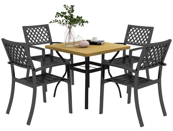 Set Tavolo e 4 Sedie da Giardino Piano Effetto Marmo e Sedie Impilabili con Braccioli Marrone