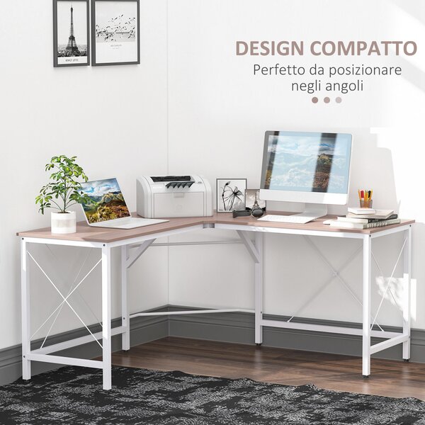 Homcom Scrivania Angolare Spaziosa in Legno e Metallo, Tavolo Porta PC Rovere e Bianco|Aosom