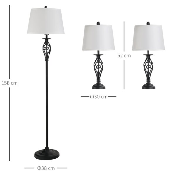 HOMCOM Set 3 Pezzi: 1 Lampada da Terra e 2 Lampade da Tavolo in Metallo, Design Vintage, Lampadine E27, Nero e Bianco|Aosom