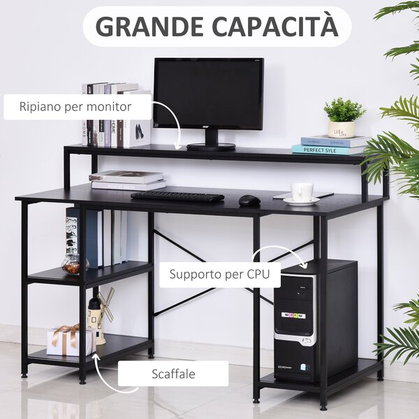 HOMCOM Scrivania per computer con scaffale tappettini regolabili Tavolo pc moderno per casa ufficio nero 140 x 60 x 93cm|Aosom