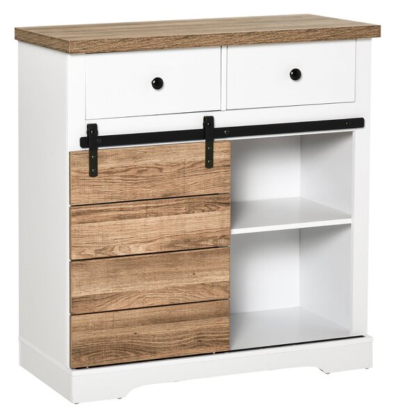 Mobile da Cucina Rustico con 2 Cassetti Ripiani e Portabottiglie 80x39x86 cm in Legno e Metallo Bianco