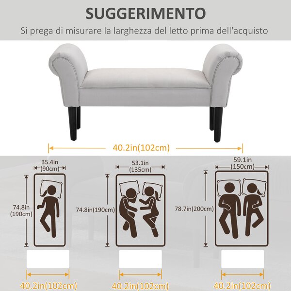 HOMCOM Panca Fondo Letto Imbottita di Design con Braccioli Arrotolati per Camera da Letto, Grigio, 102x31x51cm|Aosom