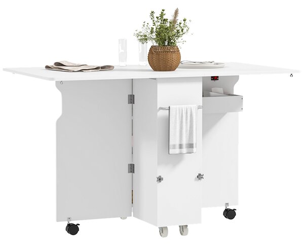 Tavolo a Ribalta Pieghevole con Ripiani a 3 Livelli Box e Rotelle 130x80x76,5 cm in MDF Bianco