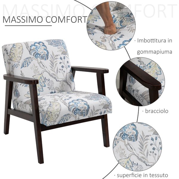 HOMCOM Sedia per Soggiorno Poltroncina Imbottita con Braccioli in Legno e Tessuto Traspirante per Casa e Ufficio, a Fiori, 68.5x78.5x75cm|Aosom
