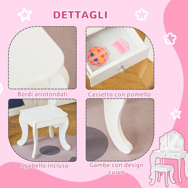 HOMCOM Toeletta per Bambini con Sgabello in Legno, Tavolo Trucco con Triplo Specchio e Cassetto, 63x40x85.5cm, Bianco|Aosom