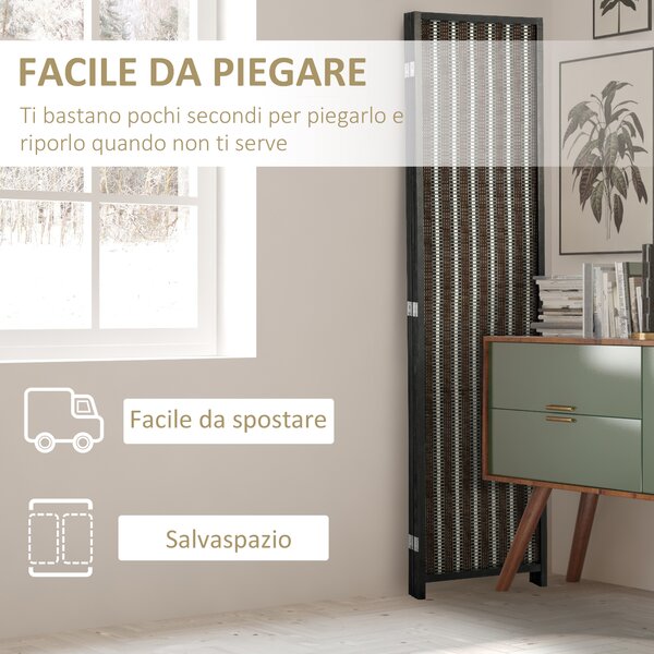 HOMCOM Paravento per Interni, Separé Pieghevole a 4 Pannelli, Divisorio per Ambienti in Legno e Bambù, 180x180x1.9cm, Nero e Marrone|Aosom