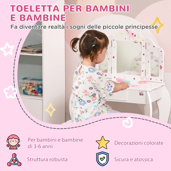 HOMCOM Toeletta per Bambini con Sgabello in Legno, Tavolo Trucco con Triplo Specchio e Cassetto, 63x40x85.5cm, Bianco|Aosom