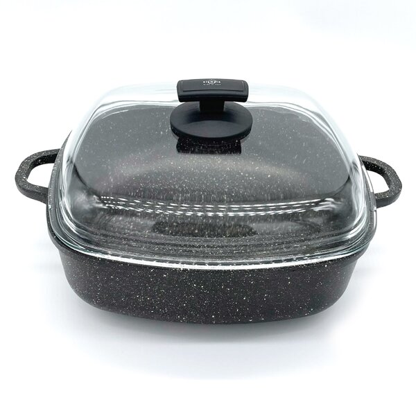 Tegame Quadrato con Coperchio in Vetro Antiaderente 2 Manici 28x28 cm Olympia Hard Cook