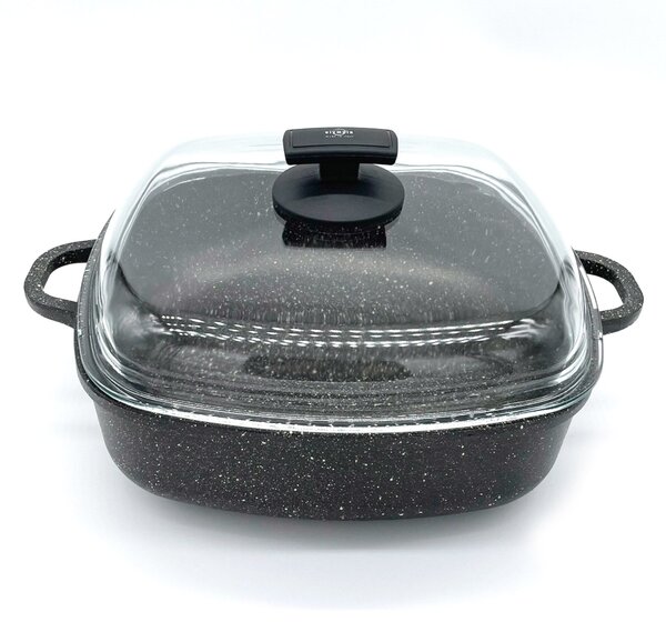 Tegame Quadrato con Coperchio in Vetro Antiaderente 2 Manici 28x28 cm Olympia Hard Cook