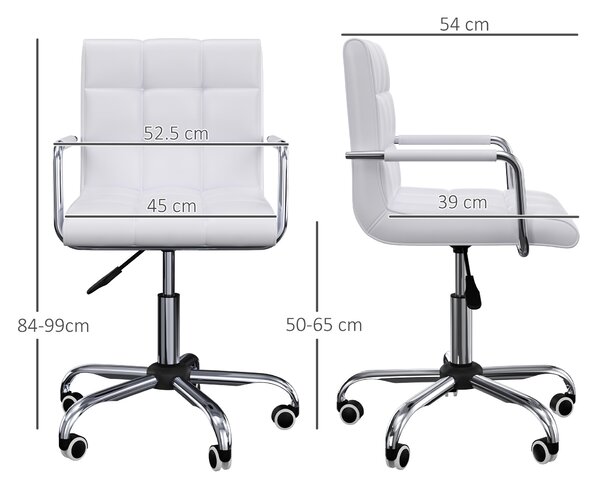 HOMCOM Sedia girevole in Similpelle Bianca con 5 Ruote Girevoli, Imbottitura e Altezza Regolabile, 52.5x54x84-99cm|Aosom