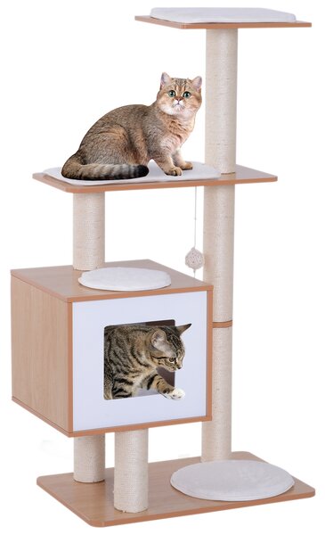 PawHut Albero Tiragraffi per Gatto Trespolo per gatti in Sisal con Cuccia, Piattaforme e Giochi, 60x40x120 cm legno, bianco |Aosom