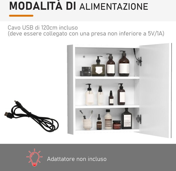 Mobile da bagno con specchio, design moderno con luci a LED, 3 Ripiani Interni e Cerniere ammortizzate, 60 x 50 x 15cm, Bianco| Aosom Italy
