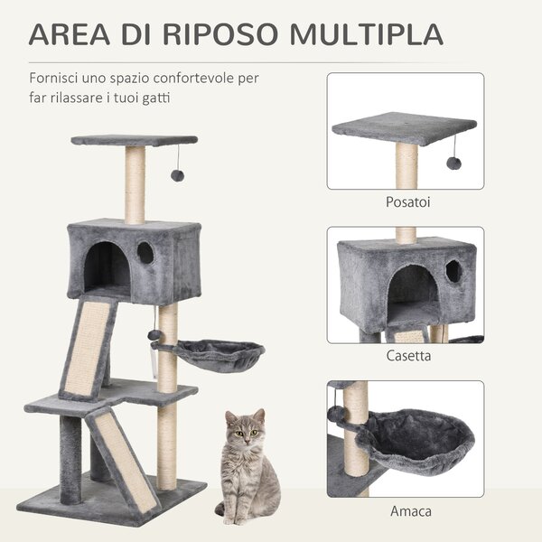 PawHut Tiragraffi per Gatti Albero con Cuccia Lettino Sospeso e Scale 2 in Peluche Gioco e Rilassamento Giorgio|Aosom