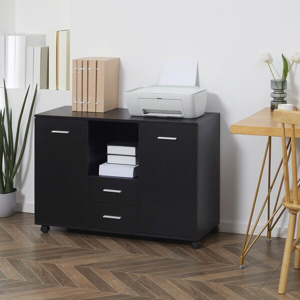 Vinsetto Mobile Ufficio Multifunzionale con 4 Ruote Pratico Armadietto con 2 Ante e 2 Cassetti per Stampante Scanner Fax 100x40x71cm Nero|Aosom