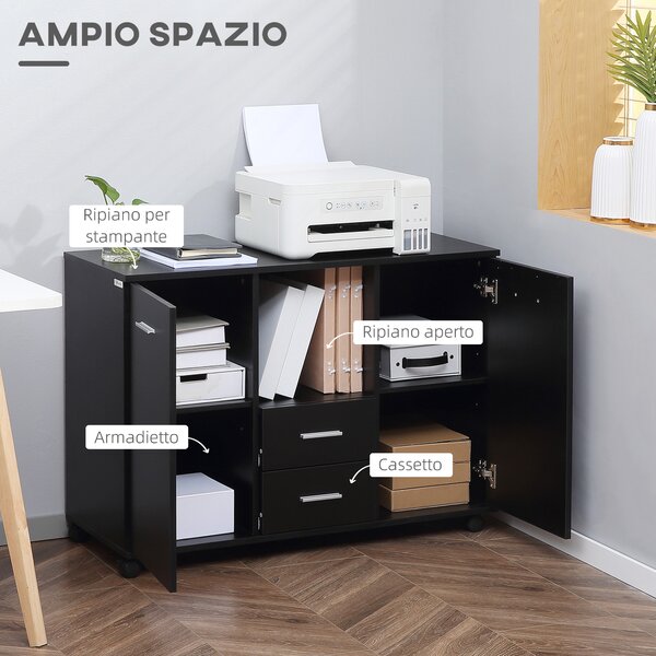 Vinsetto Mobile Ufficio Multifunzionale con 4 Ruote Pratico Armadietto con 2 Ante e 2 Cassetti per Stampante Scanner Fax 100x40x71cm Nero|Aosom