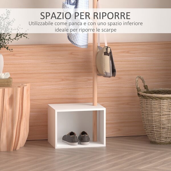 Homcom Appendiabiti con Panchina Cubo per Scarpe per Ingresso e Camera da Letto 6 Ganci, bambù Legno MDF, Bianco|Aosom