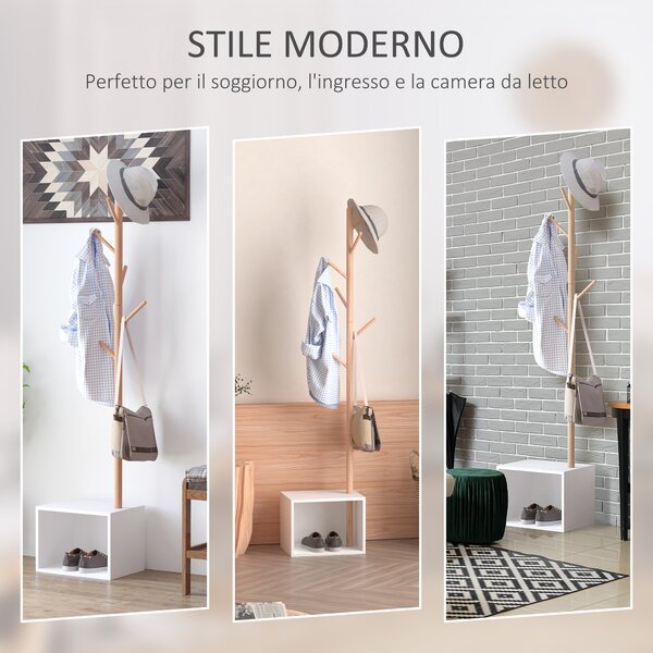 Homcom Appendiabiti con Panchina Cubo per Scarpe per Ingresso e Camera da Letto 6 Ganci, bambù Legno MDF, Bianco|Aosom