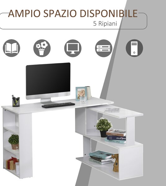 HOMCOM Scrivania Angolare con Parte Estraibile e 5 Ripiani, Girevole 360° Forma a L Bianca, 120x110x74.5cm|Aosom