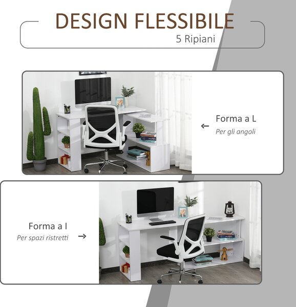 HOMCOM Scrivania Angolare con Parte Estraibile e 5 Ripiani, Girevole 360° Forma a L Bianca, 120x110x74.5cm|Aosom