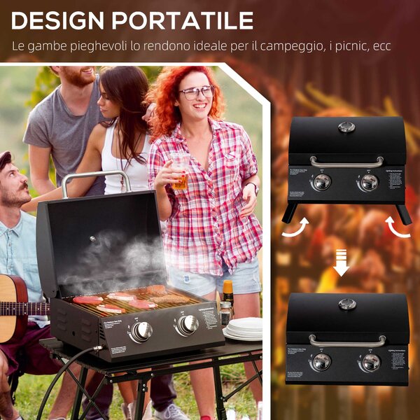Outsunny Barbecue a Gas Pieghevole con Coperchio, Termometro e 2 Bruciatori in Acciaio, 55x46.5x41 cm, Nero|Aosom