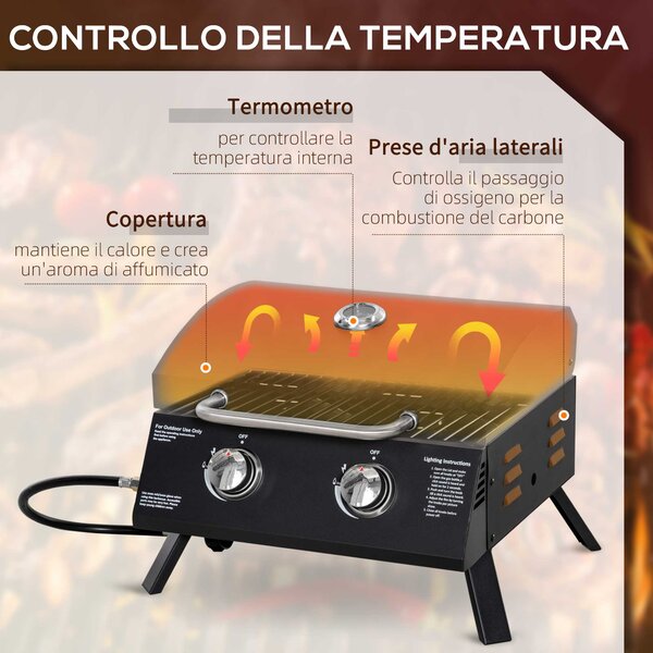 Outsunny Barbecue a Gas Pieghevole con Coperchio, Termometro e 2 Bruciatori in Acciaio, 55x46.5x41 cm, Nero|Aosom