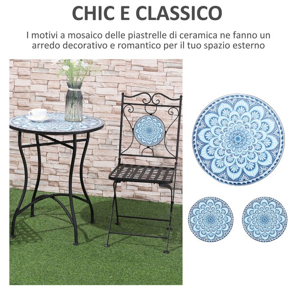 Outsunny Set da Giardino 3 Pezzi con Decorazioni Mosaico, Tavolino Rotondo e 2 Sedie Pieghevoli in Metallo, Stile Unico, Blu|Aosom