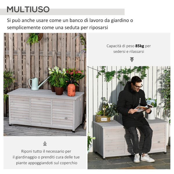 Outsunny Panca Contenitore in Legno di Abete, Cassapanca da Esterno con Piedini Antiscivolo 127x56x60cm, Grigio|Aosom
