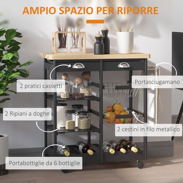 HOMCOM Carrello Cucina Portafrutta con Ruote Cassetti e Portabottiglie Salvaspazio in Legno MultifunzioneNero 74x37x76cm|Aosom