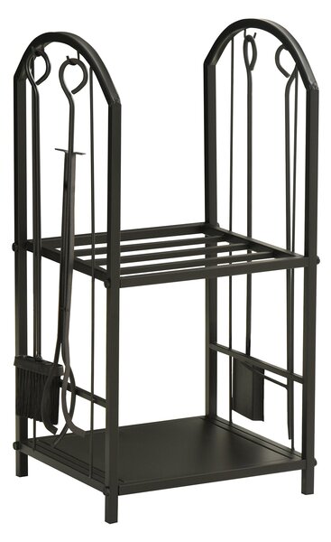Portalegna per Camino Legnaia a 2 ripiani in Metallo 41,5x32,5x74,5 cm Max 60Kg con attrezzi Nero