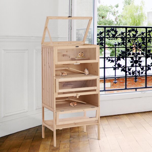 PawHut Gabbia per Criceti Roditori Porcellini d'India in Legno Massello Tetto Apribile 4 Ripiani Collegati con Rampe 60x40x120cm|Aosom