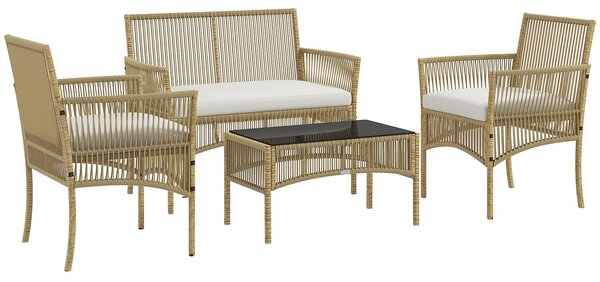 Set Salotto da Giardino in Rattan sintetico Tavolino 3 Poltrone con Divano con Cuscini Naturale