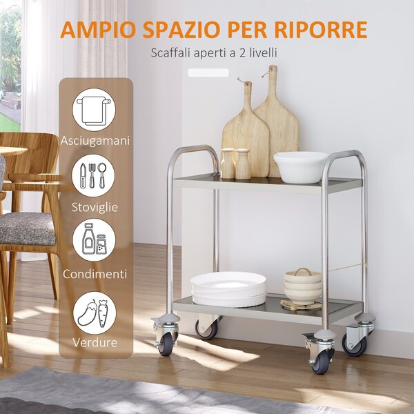 HOMCOM Carrello da Cucina 2 Ripiani con Ruote Carrollo Acciaio Inox 71x41x81cm, Argento|Aosom