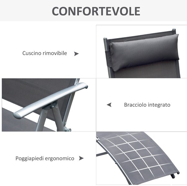 Outsunny lettino prendisole Sedie a Sdraia da Giardino da terrazzo lettino sdraio arredamento giardino Relax Pieghevole Telaio in Metallo  Grigio