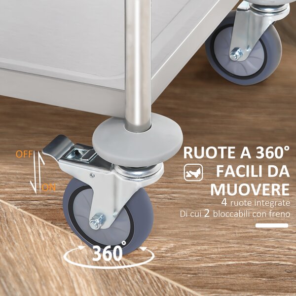 HOMCOM Carrello da Cucina 2 Ripiani con Ruote Carrollo Acciaio Inox 71x41x81cm, Argento|Aosom